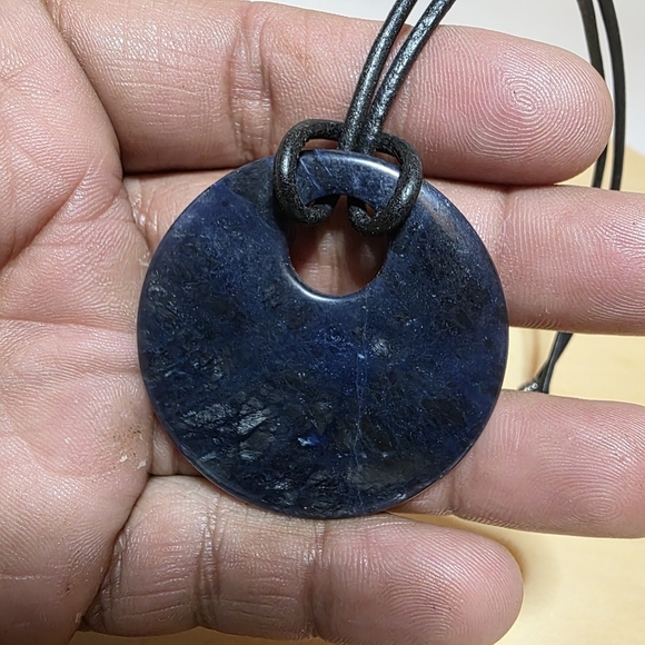Sodalite Donut Shaped Pendant On 14in. Leather Cord With Sgerling Silver Clasp - Picture 3 of 5